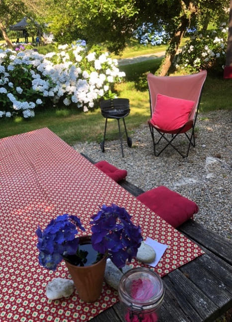 La terrasse extérieure équipée d'une table et d'un barbecue